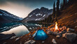Tent and campfire by the lake in the mountains