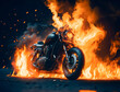 Dramatic image of a motorcycle engulfed in flames at night