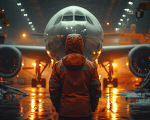 Wall Mural - Ground crew worker is standing in front of the airplane in hangar at night in winter Archivio Fotografico