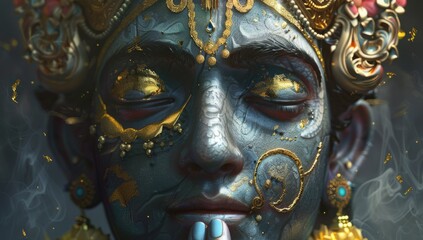 Wall Mural - an image of lord krishna with gold and gold, in the style of zbrush, dark gray and sky-blue, serene faces, womancore, solarizing master, exaggerated facial features