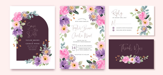 Sticker - wedding invitation set with purple pink floral watercolor frame