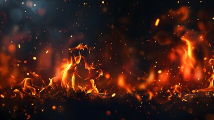 Fire flames on black background. fire flames and sparks with horizontal repetition on dark background, digital ai
