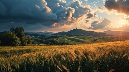 a bright green field with clouds above, in the style of vivid dreamscapes, windows vista, dark blue and orange, i can't believe how beautiful this is, spectacular backdrops, large canvas format