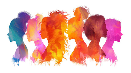 Wall Mural - Women's Empowerment: Silhouette of Woman in Profile Surrounded by Multicultural Faces, Symbolizing Racial Equality, Anti-Racism, and Allyship - Vector Illustration on Transparent Background
