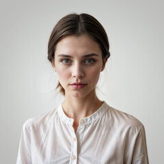 Wall Mural - A woman with brown hair, tied back in a low bun. She is wearing a white shirt and looking directly at the camera. The background is a plain white wall.