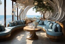 a cafe with tropical decorations and a restaurant at an open space, in the style of light white and light blue, wavy resin sheets, eco-friendly craftsmanship, organic material, cottagecore, naturecore