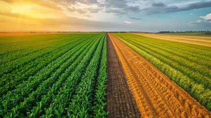 Majestic Sunset Over Vibrant Agricultural Fields with Contrasting Crop Rows Under a Dynamic Sky