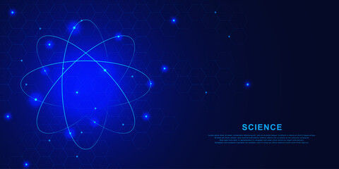 Nuclear atom hologram with molecular structure for science and technology concept on dark blue background.