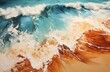 a drone shot of a beach with a sandy beach and waves, in the style of light amber and emerald, themes, i can't believe how beautiful this is, light amber and beige, impressionist sensibilities