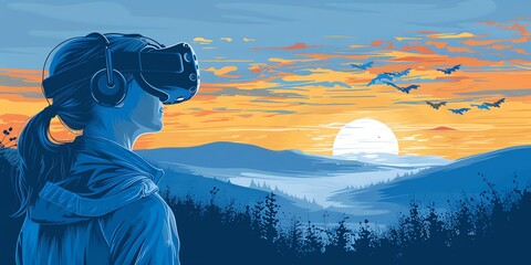 A person immersed in a virtual reality experience, witnessing a picturesque sunset over a serene landscape, symbolizing escapism and the merging of technology with nature.