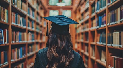 a girl wearing graduation hat and gown in library