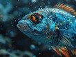 a fish with bubbles and black background, in the style of digital art wonders, shiny eyes, digital airbrushing, 8k resolution, depictions of animals, cartoonish forms, precisionist lines