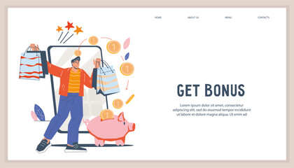 Customer bonus program, rewards system for customer loyalty concept for website header template. Design of webpage for customer bonus and loyalty program, vector illustration.