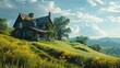 a green grassy field with a house on top, in the style of dreamy atmospheres, azure, spectacular backdrops, hd, romantic emotivity