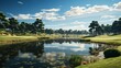 a green golf course with a pond surrounding it, in the style of light sky-blue and light indigo, art of the coast, serene and peaceful ambiance, sky-blue and brown