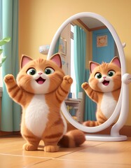 Wall Mural - A playful orange kitten raises its paws in front of a white mirror, as if ready to embrace its own adorable reflection. The scene radiates joy and innocence. AI Generative