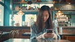 Stylish young Asian Caucasian female model in her 20s drink coffee and text message on smartphone application in trendy urban cafe.