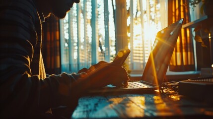 Leinwandbilder - In the background, a young man uses technology at his workplace, a cropped shot of man's hands using smart phone.