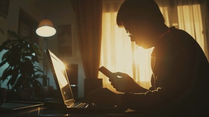 Leinwandbilder - An image of a young man using a smart phone and notebook computer at home, hands using smart phone in interior, man using technology at his workplace, flares as the light is turned on.