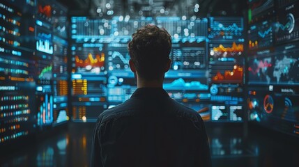 Fototapete - Ai technology with a businessman working on a business intelligence database on a virtual screen. Corporate strategies for finance, operations, sales, marketing, assistants, secretaries, etc.