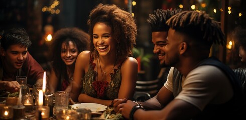 a group of young people dining together at a dinner table surrounded by christmas decorations, dark 