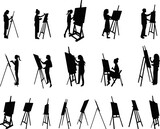Fototapeta Panele - silhouette of people artists, people painting at an easel, set, collection on a white background vector