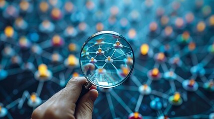 Poster - A businessman uses a magnifying glass to find a human icon for a CRM system, a target group concept, social media marketing, online HRM, and human resources management.
