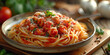Leckere Spaghetti mit Basilikum und fliegenden Parmesan auf dem Teller wunderschön angerichtet, ai generativ