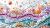 Fototapeta  - Artistic of intestinal flora with various beneficial and pathogenic microorganisms in a dynamic environment.
