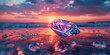 Geschliffener Diamant am Strand mit Sonnenuntergang in pink und lila, ai generativ