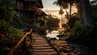 a house with palm trees and a wooden staircase leading to a lake with sunrise over it, i can't believe how beautiful this is, princesscore, rich and immersive, white and orange