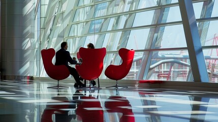 Poster - A modern office interior is the setting for a meeting between two business colleagues