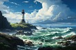 a huge rock in the encircling ocean, where a lighthouse is on top, in the style of rural, western dynasty, travel, nature's wonder