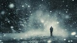Fototapeta Kosmos - silhouette of a man standing alone in the midst of falling snow, walking away, exuding a romantic, lonely, and dramatic moment. Romantic photography