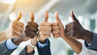 Multiethnic hands with thumbs up symbol on bright background, representing achievement, support, and positivity