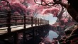 a large bridge in a forest that has pink flowers on it, in the style of infrared, photo-realistic landscapes, webcam photography, high quality photo, pure color