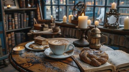 Poster - A table topped with a cup of coffee next to a book