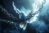 Fototapeta  - Create a serene and symbolic scene featuring a white dove breaking free from chains in a unique 3D animated art style