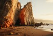 a large rock formation has been plowed in at the beach, in the style of dynasty, 32k uhd, light pink and gold, art, film/video, orange and gold, dynasty