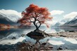 a lone lone tree sits on top of the water in middle of snowy mountains, gold leaf, romantic scenery, reverent and tranquil, smooth and shiny