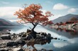 a lone lone tree sits on top of the water in middle of snowy mountains, gold leaf, romantic scenery, reverent and tranquil, smooth and shiny