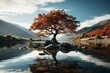 a lone tree in a lake with mountains and sun behind it, in the style of light sky-blue and dark gold, highly detailed foliage, photography installations,art, clear edge definition, applecore, neo-clas