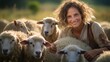 Radiating shepherdess motherly smile herd grazing in meadow