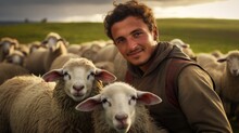 Joyful Shepherd With Sparkling Eyes And Joyful Smile Lambs Frolicking