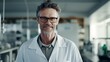 © javier - Fulfilled biologist serene smile lab equipment and research materials backdrop