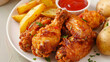 Crispy fried chicken wings with fried wedges