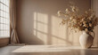 Dreamy setting. Abstract beige studio for product presentations. Window shadows, flowers, leaves. D room with copy space.