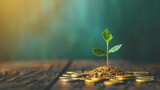 Fototapeta  - small plant or tree growing on pile of golden coins, investment for financial growth and freedom, Investing in environment, social, governance or ESG concept