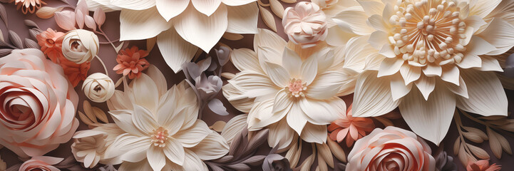 Wall Mural - Elegant paper floral background banner in neutral tones. Panoramic web header. Wide screen wallpaper