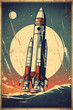 Rocket takeoff in retro style. Vintage space rocket start with fire and smoke.